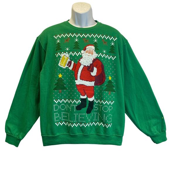 Jerzees Santa Says Cheers DON'T STOP BELIEVING Ugly Christmas Sweatshirt Size M - Picture 1 of 2